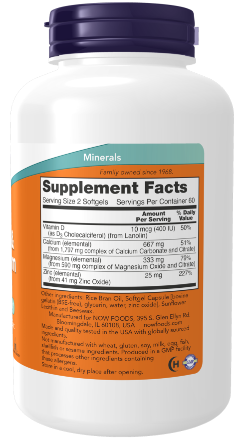 NOW Foods - Ασβέστιο & Μαγνήσιο με Βιταμίνη D και Ψευδάργυρο, 240 μαλακές κάψουλες - Image 2