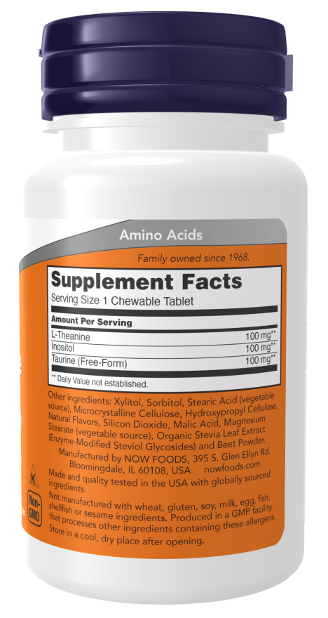 NOW Foods - L-Θεανίνη με Ινοσιτόλ και Ταυρίνη, 100mg - 90 μασώμενα δισκία - Image 2