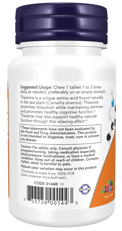 NOW Foods - L-Θεανίνη με Ινοσιτόλ και Ταυρίνη, 100mg - 90 μασώμενα δισκία - Image 3